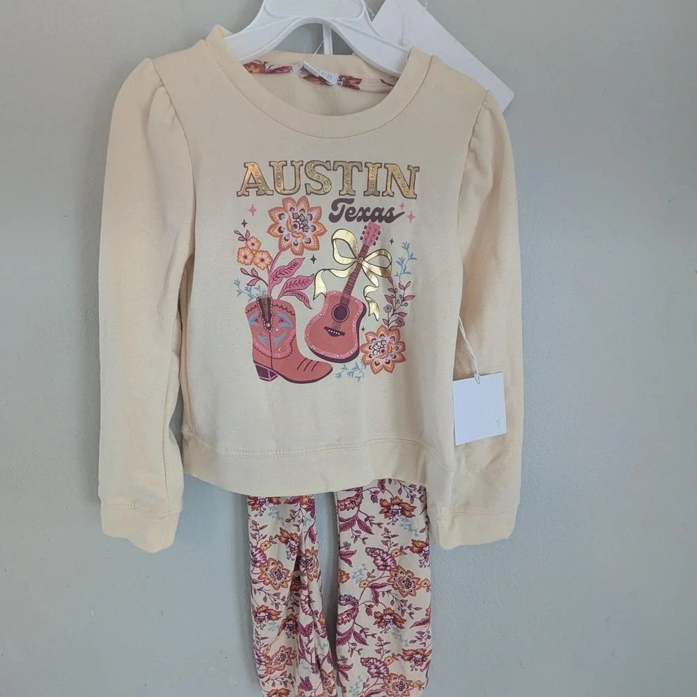 NEW Btween Girls 5 Austin Texas Country Outfit cream sweatshirt floral leggings